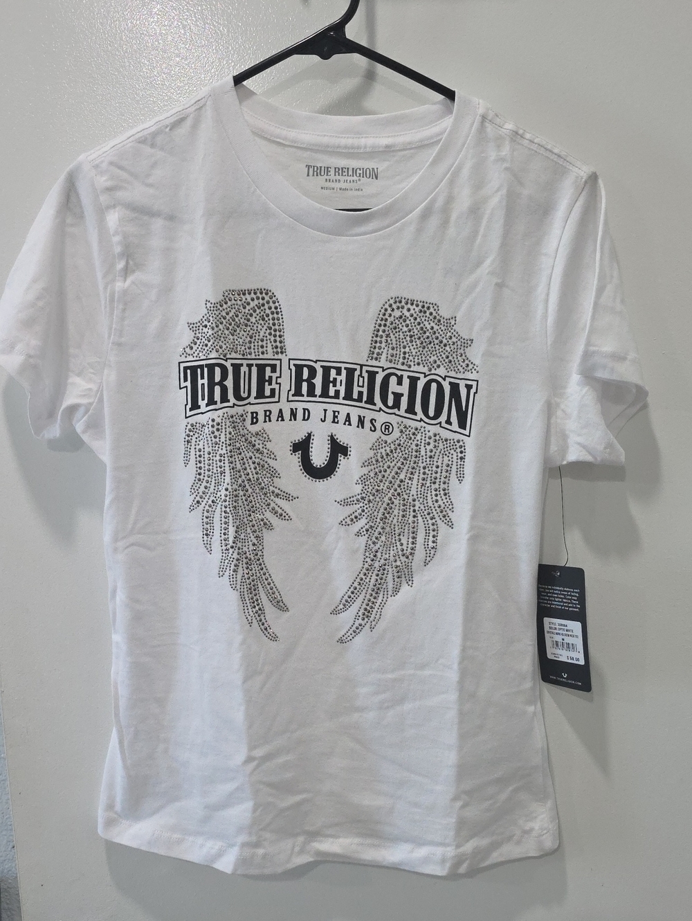 True Religion White Short-Sleeve Tee with Black Wing Logo